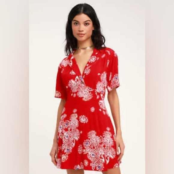 Free People Blue Hawaii Printed Floral Fit & Flare Red Button Collar Dress Small - Picture 1 of 8